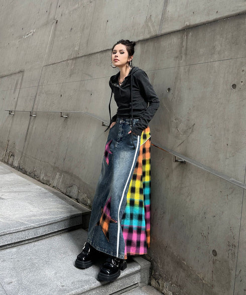 Denim Patchwork Check Skirt